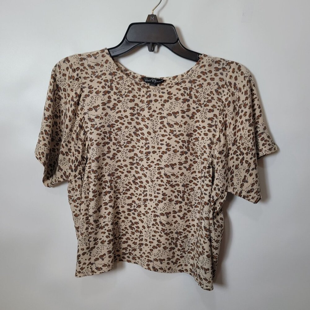 Velvet Heart Womens Leopard Print Short Sleeve Top S 100% Rayon Beige & Brown
